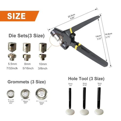 Miniatura 2 de ZONGLAN Kit de herramientas para ojales, herramienta multiusos manual de mano, remache, prensa, alicates, 3 troqueles intercambiables con 900