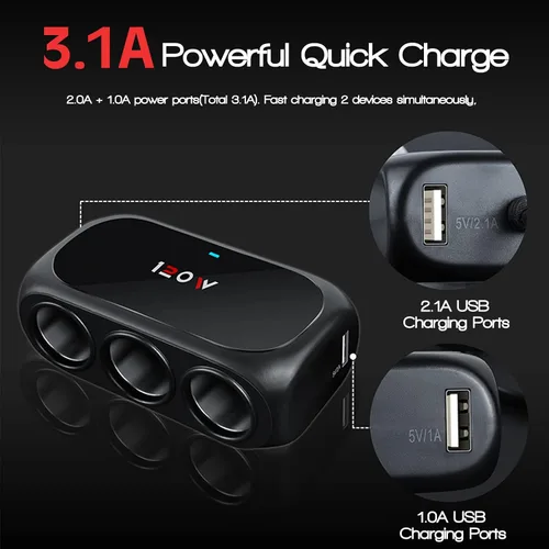 Miniatura 3 de Adaptador divisor de encendedor de cigarrillos de coche de 3 enchufes, 2 extensores USB [120W] [12V/24V] [cargador de coche dual USB de 3.1 A]