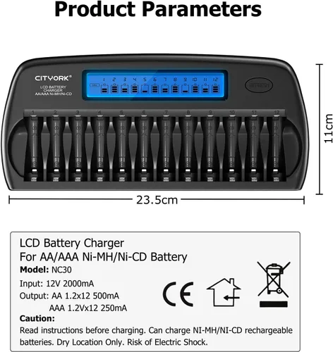 Miniatura 8 de CITYORK Cargador de batería AA AAA de 12 bahías con función de actualización, cargador de batería inteligente con pantalla LCD