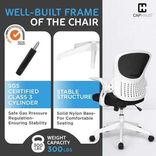 Miniatura 8 de CAPHAUS Silla de oficina ergonómica abatible, silla de escritorio acolchada de malla transpirable, soporte lumbar, silla giratoria con ruedas, Blanco
