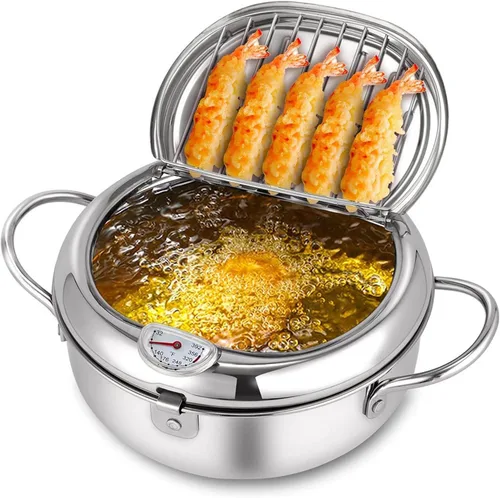 Olla grande de Tempura con tapa. Olla profunda con termómetro (°F) y estante de drenaje de aceite para familias de 4-6 personas de 11 pulgadas y 4.4