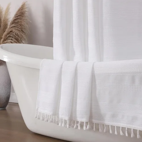 Miniatura 26 de OVZME Cortina de ducha bohemia negra, cortina de ducha estrecha de tela suave a rayas de lino texturizado con borla, moderna decoración de baño