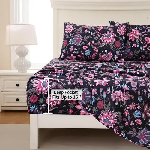 Miniatura 2 de MEISHANG Juego de sábanas tamaño individual, sábanas florales ultrasuaves de microfibra cepillada, sábanas florales de 1800 hilos con certificación