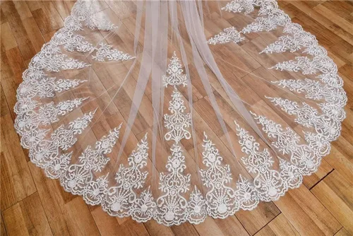 Miniatura 5 de Zhangyo Velo de novia de tul suave con peine de encaje largo velo catedral nupcial 9.8 ft gota velo pelo peine para novias CXL062