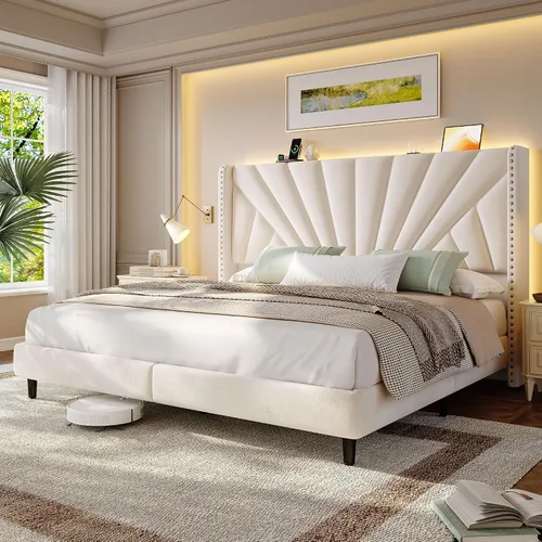 Miniatura 14 de EnHomee Marco de Cama Queen con Cabecera Alta de 51" Wingback, Cama Plataforma Tapizada en Terciopelo con Estación de Carga y Luces LED, No Necesita