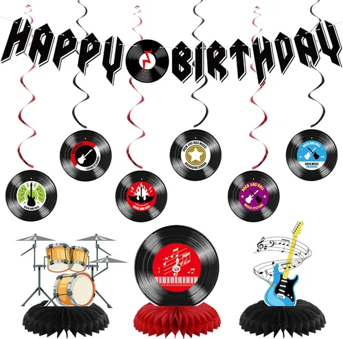 Crenics Decoraciones de cumpleaños de Rock and Roll: pancarta de feliz cumpleaños, remolinos colgantes y centros de mesa de panal para suministros