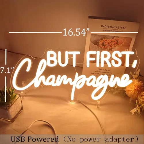Miniatura 3 de SYLHOME Letrero de luz LED de neón con texto en inglés «But First Champagne» para el hogar, bar, cocina, hombre, cueva, pub, decoración de boda