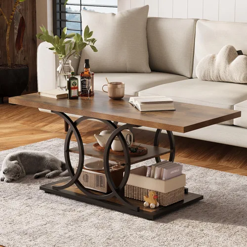 GiftGo Mesa de café rústica con almacenamiento industrial de 3 niveles, mesa de centro de madera rectangular estilo granja para sala de estar, mesa