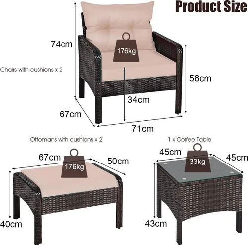 Miniatura 5 de Juego de muebles de patio de 5 piezas, silla de mimbre de ratán para conversación al aire libre con 2 otomanas y mesa de centro de vidrio templado