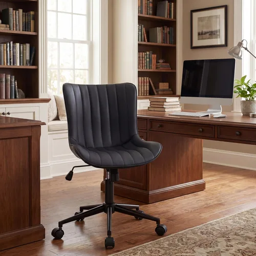 Miniatura 4 de Kidol & Shellder Silla de escritorio de oficina con ruedas, moderna silla giratoria de cuero sin brazos con respaldo acolchado cómodo, ergonómico