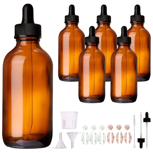 Paquete de 6 botellas de vidrio ámbar de 4 onzas con cuentagotas de vidrio para aceites esenciales, perfumes y productos químicos de laboratorio