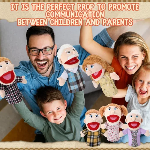 Miniatura 5 de Lenwen 6 piezas de marionetas de miembros de la familia de felpa suave para narración, juego, enseñanza, regalos para Navidad (piel clara)