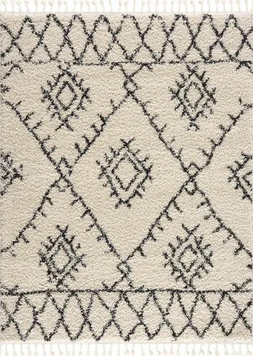Miniatura 110 de Hauteloom, Duncans - Alfombra de estilo granja de pelo mullido para sala y dormitorio, con borlas - Beige, carbón, gris - 2 pies 7 pulgadas x 7 pies