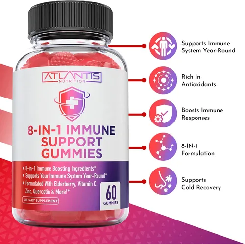 Miniatura 3 de Atlantis Nutrition Gomitas de apoyo inmunológico 8 en 1 con saúco Suplemento inmunológico con saúco, quercetina, zinc, vitamina C - Potenciadores