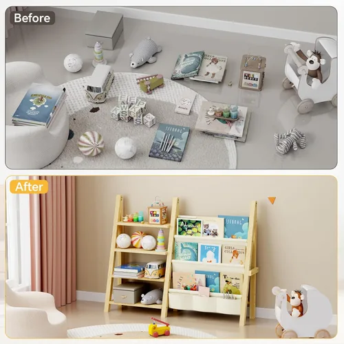 Miniatura 4 de Organizador de almacenamiento de juguetes con estantería para niños, organizador de juguetes Montessori de madera para habitaciones de niños