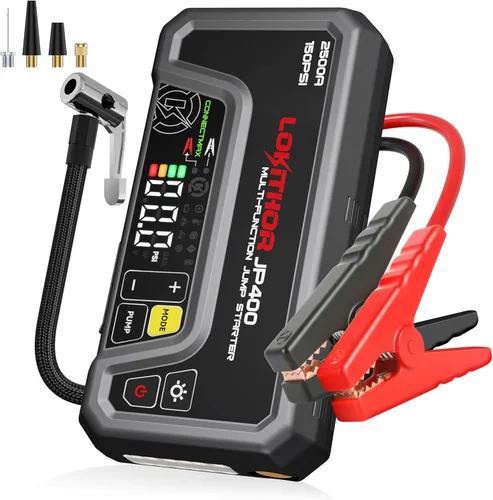 LOKITHOR Arrancador JP400 con compresor de aire, 2500 A 12 V batería de coche arrancador portátil (8.5 L de gas/6.5L diésel) con tecnología