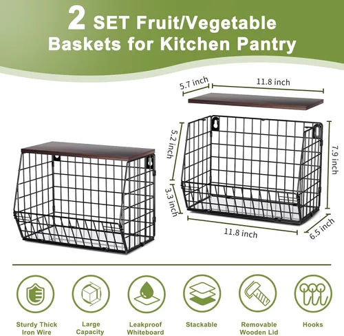 Miniatura 8 de Wawocs Tazón de frutas de 2 niveles, cesta de frutas para encimera de cocina, cesta apilable, cesta colgante montada en la pared, cestas de alambre