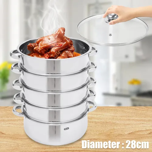 Miniatura 6 de Cocina de vapor de acero inoxidable de 5 capas, vaporizador de 11 pulgadas para cocinar alimentos, tapa de vidrio, adecuada para tamales, verduras