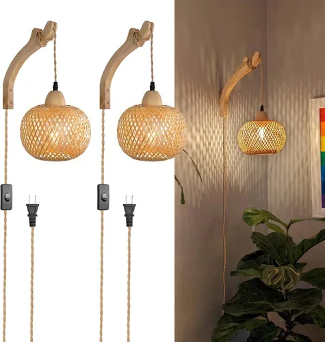 Miniatura 11 de Frideko Apliques de pared enchufables, juego de dos lámparas tejidas a mano con cable de ratán, luces de granja, aplique montado en la pared, Marrón