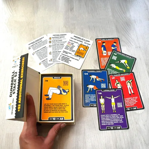 Miniatura 6 de Paquete de 52 tarjetas de ejercicio con mancuernas apiladas. Juego de entrenamiento. Instrucciones de video incluidas. Perfecto para entrenar