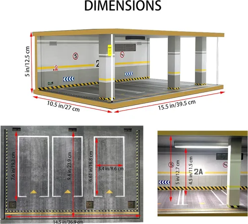 Miniatura 3 de Vitrina de garaje de coche fundido a presión a escala 1:24 con cubierta acrílica transparente e iluminación LED para 3 espacios de estacionamiento