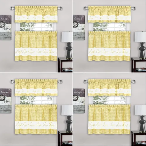 Juego de cortinas con cenefa y volante para ventana - 58 pulgadas de ancho, 36 pulgadas de largo - Vive, Ama, Rie (Amarillo) - Cortinas de filtrado