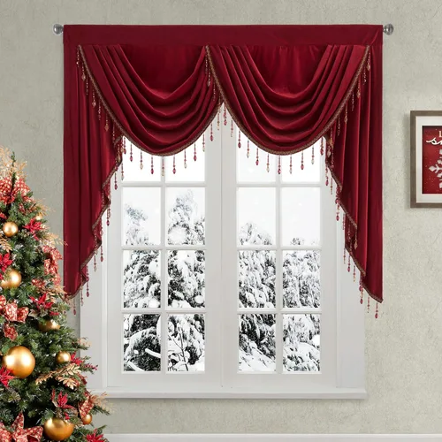 Miniatura 11 de StangH Cenefa de cortinas de terciopelo rojo con cuentas de lujo para dormitorio, cenefas gruesas de cascada con bolsillo para cortinero