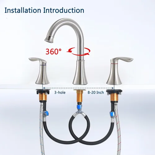 Miniatura 6 de Friho Grifo de baño de níquel cepillado de 3 agujeros, juego de grifo de fregadero de tocador de 8 pulgadas con 2 manijas con boquilla giratoria