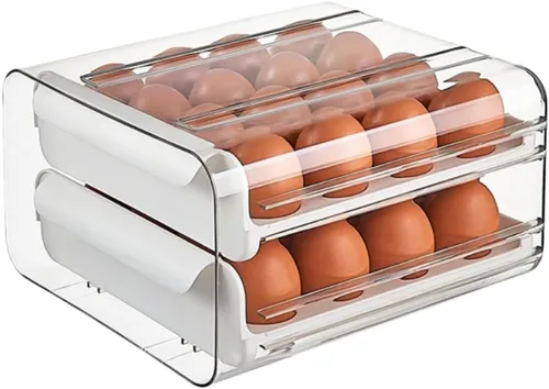 Cajón de huevos para refrigerador 32 huevos, soporte para huevos apilable transparente de 2 niveles con cajón para refrigerador, caja de Blanco