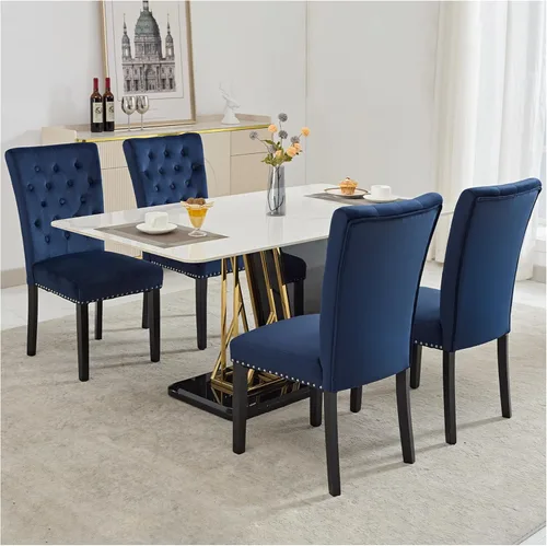 Juego de 4 sillas de comedor de cocina de terciopelo, silla de comedor tapizada Parsons, silla decorativa de madera con ribete clavado, azul