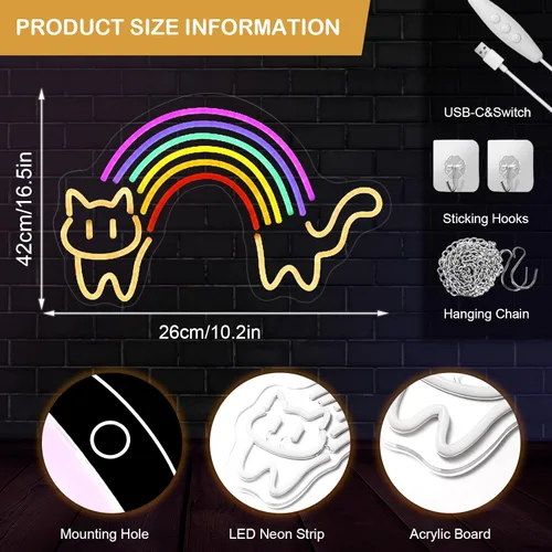 Miniatura 3 de Letrero de neón de gato arcoíris para decoración de pared, letrero de luz de neón de arco iris, regulable, alimentado por USB, luz LED de neón