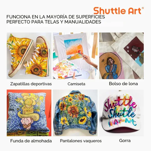Miniatura 6 de Shuttle Art Pintura para tela, 18 colores de pintura para tela suave permanente en botellas (60ml/2oz) con pinceles, paleta, plantillas, pintura