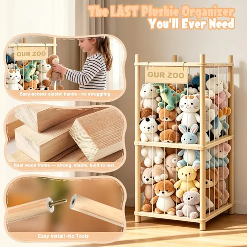Miniatura 4 de Almacenamiento de animales de peluche, almacenamiento de zoológico de animales de peluche de madera, organizador de juguetes de ahorro de espacio
