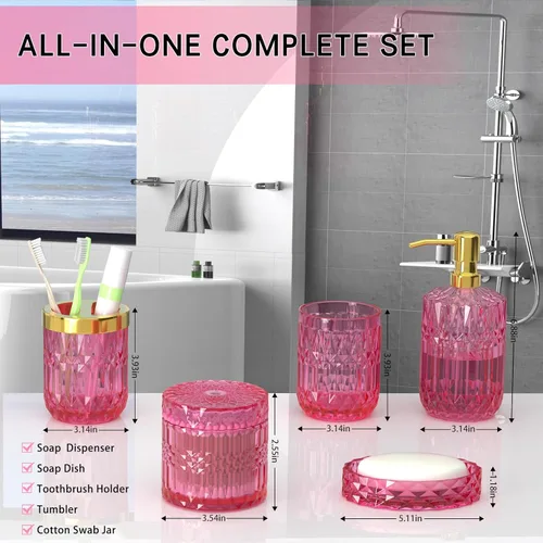 Miniatura 6 de Juego de accesorios de baño rosa intenso de vidrio 5 piezas, juego de baño rosa intenso, juego de dispensador de jabón y soporte para cepillo