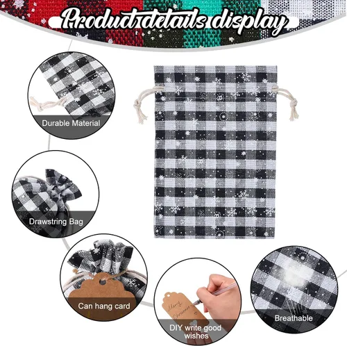 Miniatura 5 de Shappy 48 bolsas navideñas con cordón ajustable, bolsas de dulces de arpillera a cuadros búfalo de Navidad, saco de golosinas de lino, bolsa