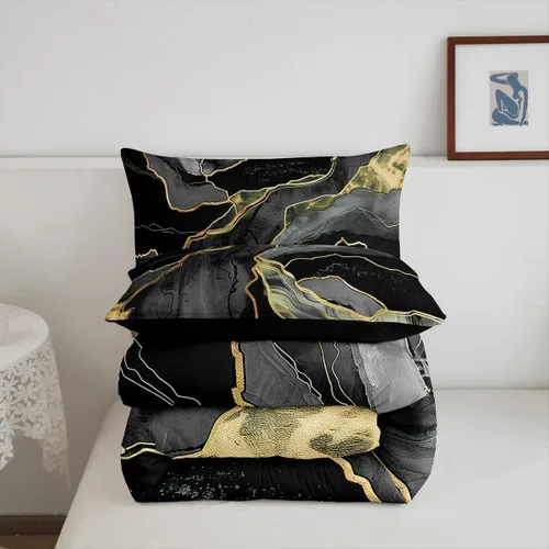 Miniatura 6 de Juego de edredón de lujo negro y gris, juego de ropa de cama con lentejuelas doradas y mármol, relleno de edredón con textura abstracta de mármol