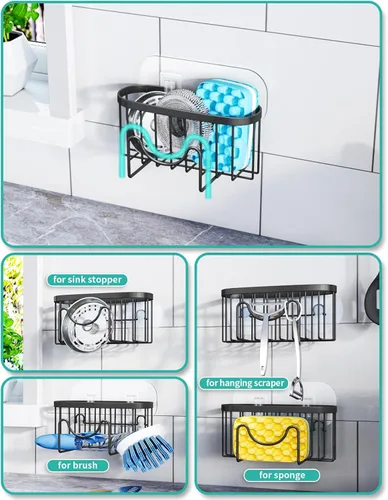 Miniatura 2 de HapiRm Organizador de esponja multifuncional con forma única en M, 2 métodos de instalación, organizador de fregadero de cocina, organizador