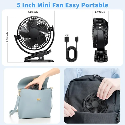 Miniatura 6 de ATEngeus Ventilador de escritorio recargable con clip USB, 3 velocidades, batería de 5000mAh, rotación de 720, abrazadera resistente para el hogar