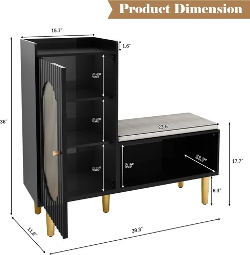 Miniatura 2 de HLR Banco de almacenamiento con puerta y estante de cristal, moderno banco de zapatos de entrada con asiento acolchado, armario de almacenamiento