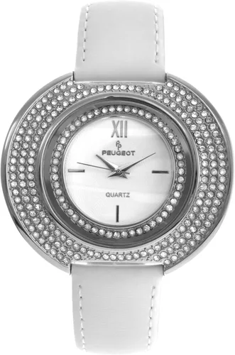 Miniatura 3 de Peugeot Couture - Reloj de pulsera con cristales acentuados con caja curvada y correa de piel blanca