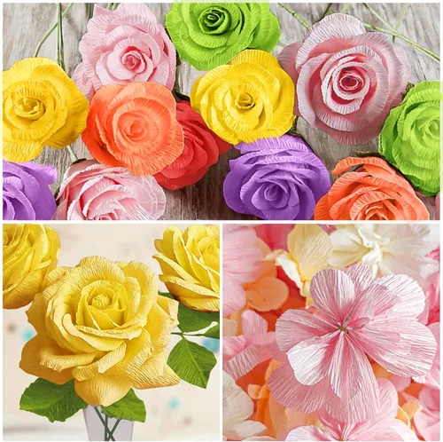 Miniatura 7 de MicButty - Juego de 42 flores de papel crepé, rollo de papel crepé con cinta floral, flores de alambre de hierro floral para manualidades, boda