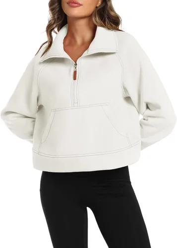 Miniatura 2 de LaLaLa Women's Cropped Sweatshirt Half Zip Fleece Quarter Zipper Pullover Hoodies Fall Outfits Clothes with Thumb Hole