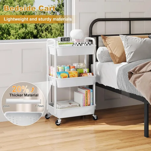 Miniatura 7 de Carrito rodante de 3 niveles con ruedas, carrito de plástico blanco de tres niveles con ruedas con cerradura, carrito organizador de almacenamiento
