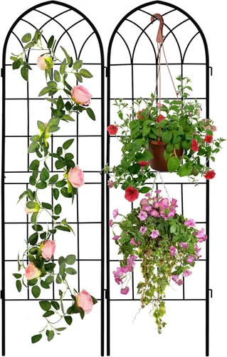 Miniatura 18 de LZRS - Paquete de 2 arcos de hierro rústico de 71x20 pulgadas para decoración de jardín con enrejado con revestimiento de metal negro – Perfecto