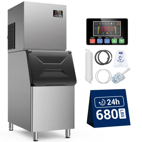 Máquina de hielo comercial de 680 libras/24 horas con contenedor de almacenamiento de 560 libras, 156 cubitos de hielo listos en 5-15 minutos,