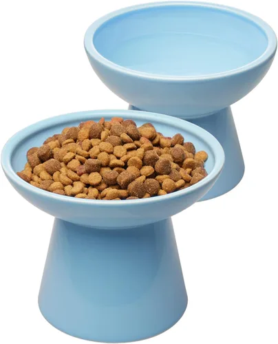 Miniatura 18 de CEEFU 2 cuencos elevados de cerámica para gatos extra anchos para alimentos y agua, plato de comida poco profunda, sin plomo ni cadmio, altura Verde