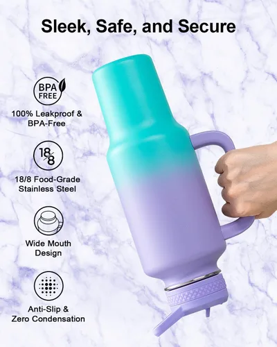 Miniatura 3 de Trebo Botella de agua de 40 onzas con aislamiento que cabe en portavasos de automóvil con asa, botellas de agua de acero inoxidable vaso con tapas