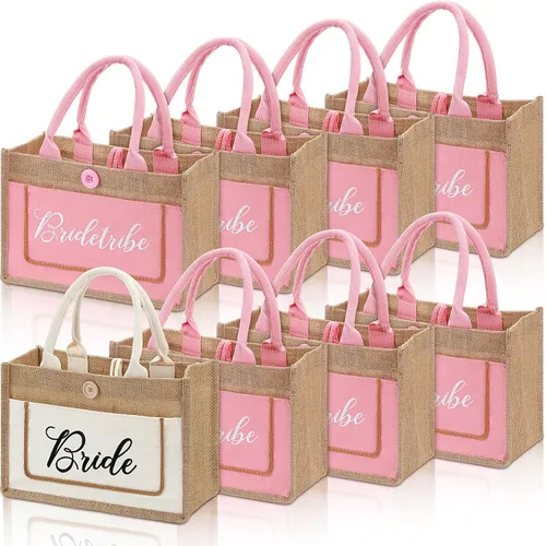 Miniatura 8 de Buryeah Paquete de 8 bolsas de mano para novia, tribu, regalo de boda, bolsa de arpillera nupcial con asas, bolsa de yute nupcial reutilizable