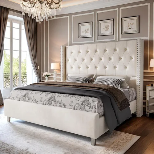 Miniatura 10 de PaPaJet Marco de Cama Queen Tapizado con Cabecera Alta, Cama de Plataforma Wingback, Terciopelo Capitoné de Perfil Bajo, No Necesita Somier, Fácil