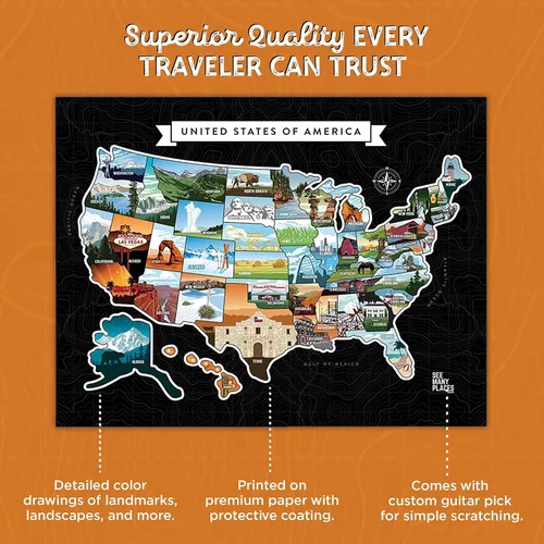 Miniatura 3 de Mapa de Estados Unidos para Raspar "See Many Places", Póster Enmarcable de 28x22" Mapa de Viaje de EE.UU. con Imágenes de Estados Personalizadas